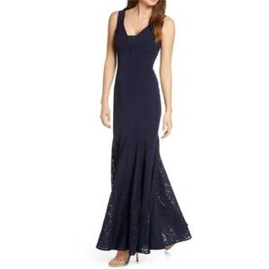 Eliza J Navy Lace Insert Laguna Crepe Trumpet Gown - New With Tag - Reemoly
